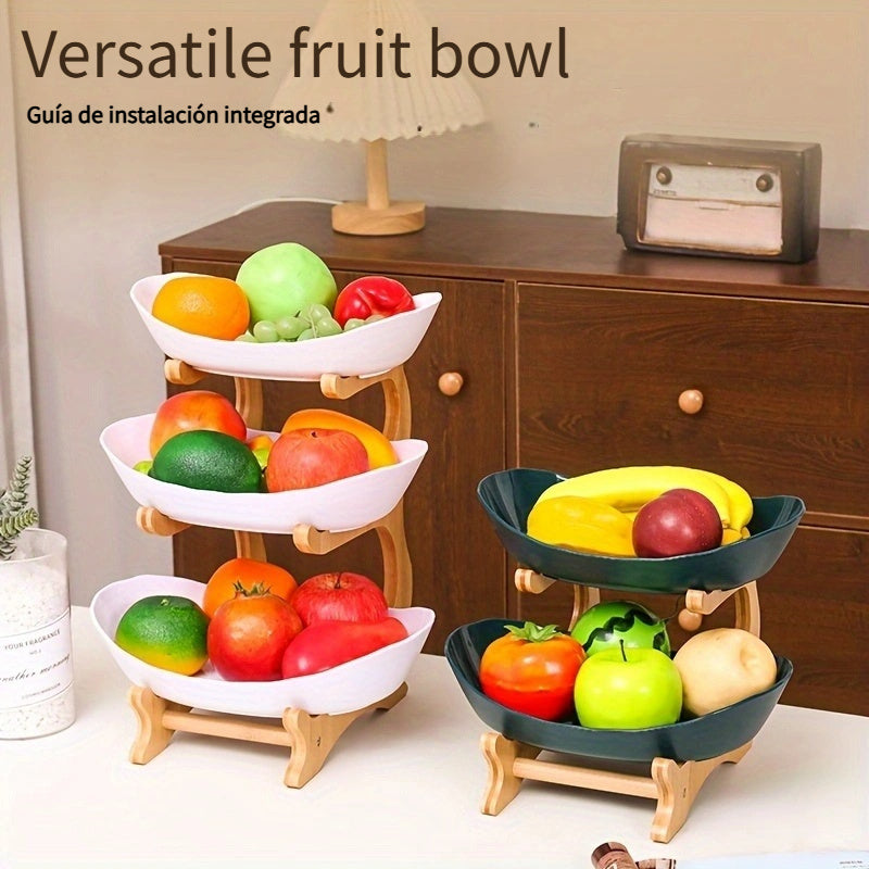 Una canasta de frutas multicolores con 2 y 3 niveles, un soporte para pasteles de postre con marco de bambú, tazones de frutas de plástico, soportes para cupcakes pequeños, bandejas de galletas y configuraciones de buffet de dulces, incluyendo platos y b