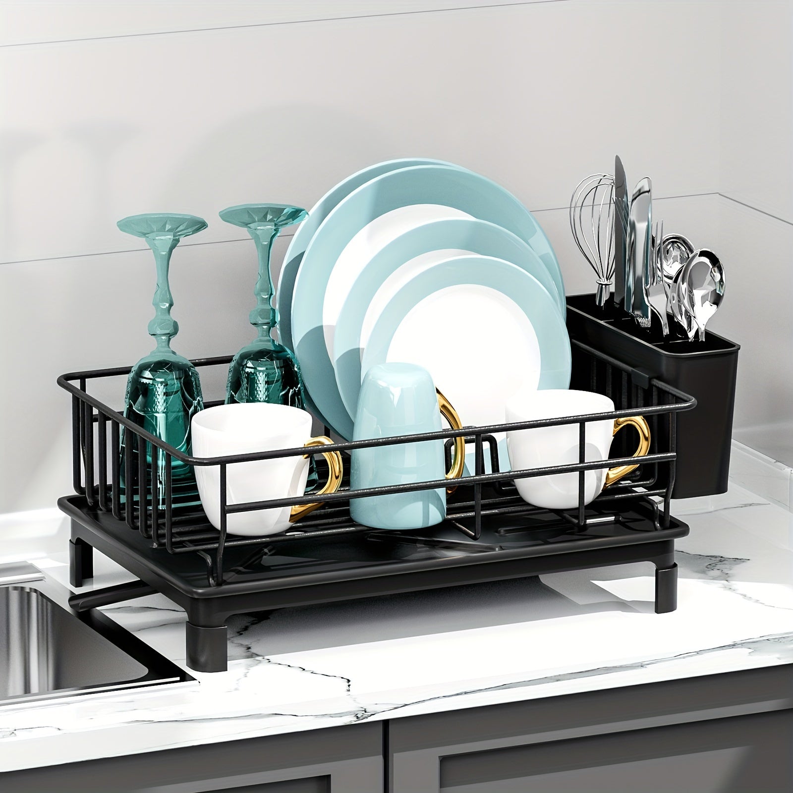 1 pieza de escurridor de platos negro multifuncional con bandeja de drenaje y línea de goteo – Organizador de cocina ahorrador de espacio para platos, tazas, cuchillos, tenedores y palillos – Diseño duradero de metal y plástico, escurridor de platos