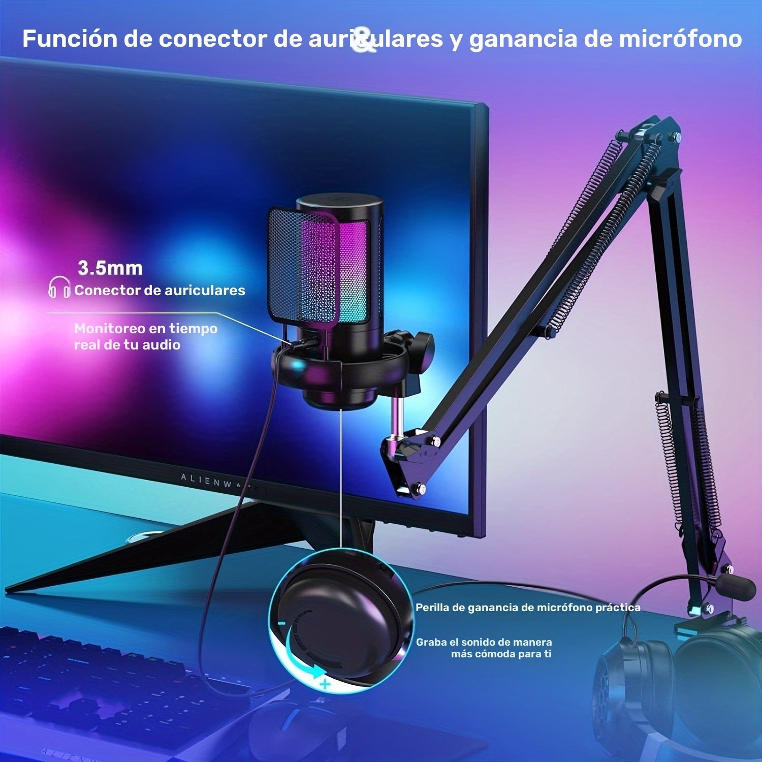 Micrófono condensador LED de 7 colores RGB con conector de auriculares y función de ganancia de mic, mic omnidireccional USB-C para juegos, canto, karaoke, conferencias de video, transmisión en vivo - Alimentado por USB, ≤36V, no requiere batería