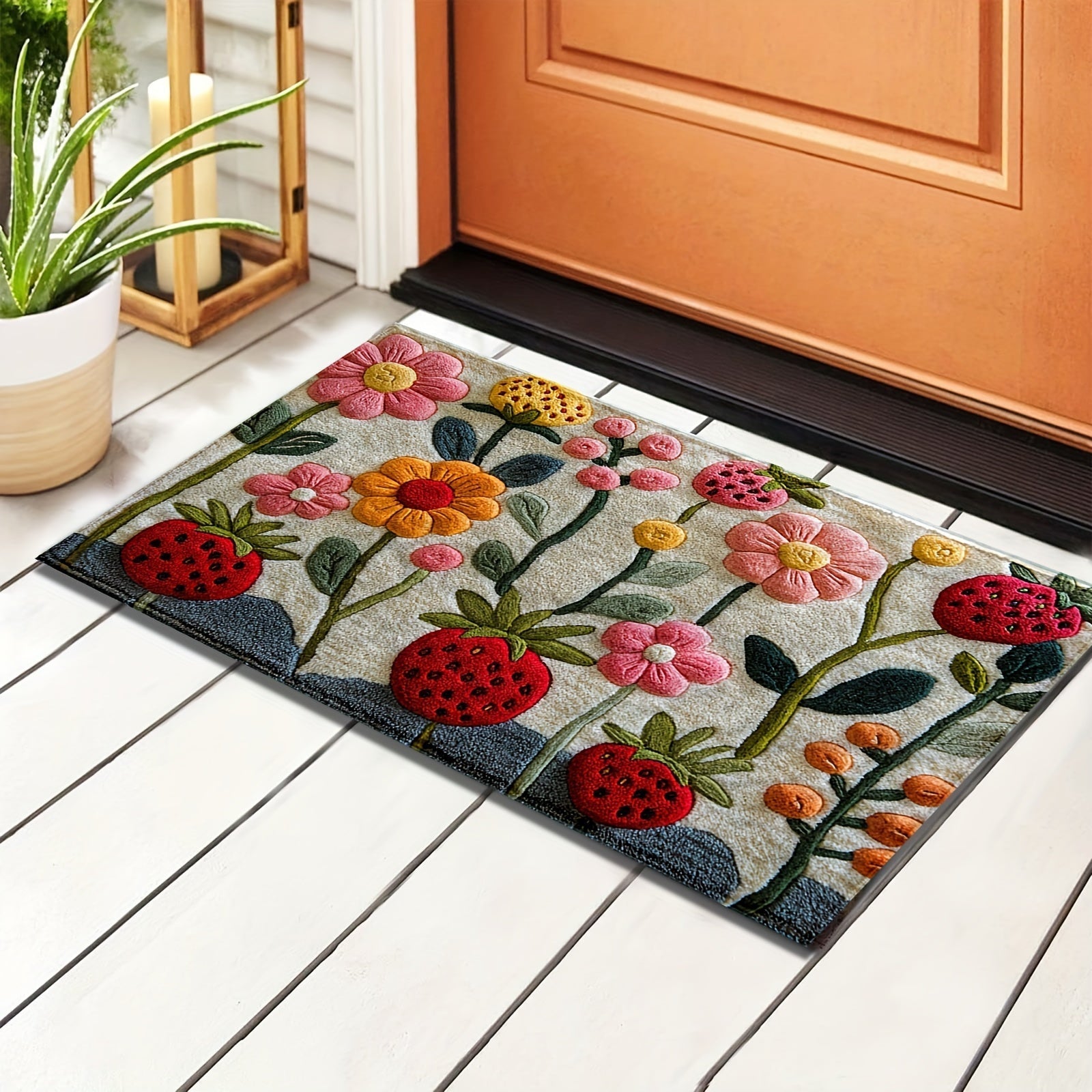 Alfombra de baño de diseño floral y fresa 3D - Antideslizante, absorbente, lavable de fibra de poliéster, ideal para decoración de dormitorio, baño y entrada, decoración de hogar estacional, alfombra de baño | Alfombra de piso decorativa | Alfombra absor