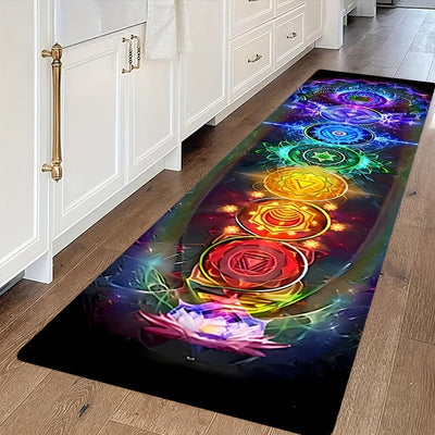 1 alfombra de chakras con diseño de 7 centros de energía, antideslizante, lavable a máquina, 1.1 cm de grosor, de poliéster, para uso en interiores/exteriores en cocina, dormitorio, entrada - Ideal para meditación, yoga y decoración navideña (negro), alf