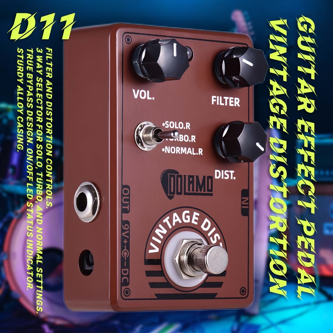 Pedal de Efecto de Guitarra DOLAMO D11 Vintage con Filtro y Controles de Distorsión Diseño de True Bypass para Guitarra Eléctrica