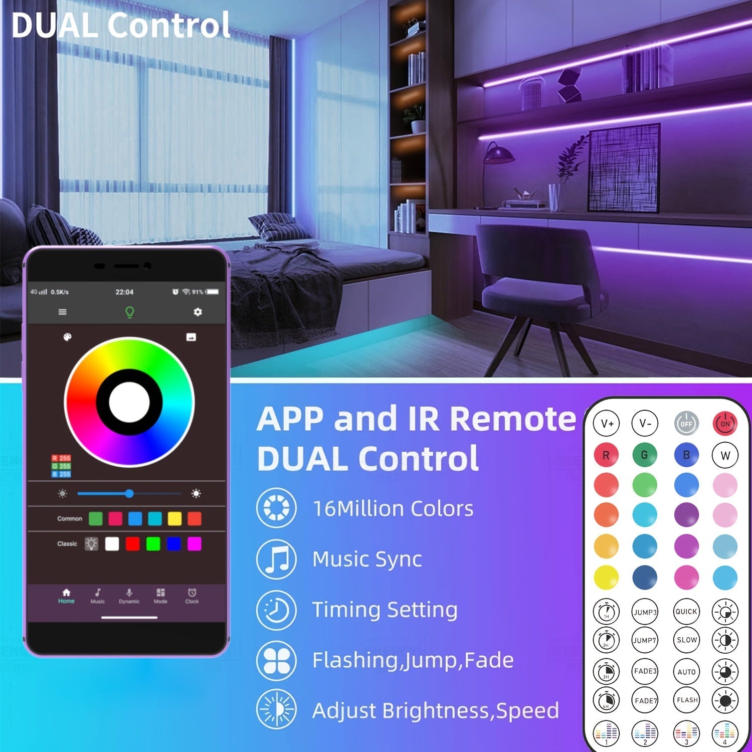 HBOWMDJIA Tiras de Luces LED Inteligentes, 4.88 metros-30.48 metros - Sincronización con Música, Cambio de Color, Alimentadas por USB con App Inalámbrica y Control Remoto - Ideales para Ambiente de Dormitorio, Fiestas en Casa y Decoraciones de Hoteles, L