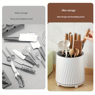 Soporte Giratorio de 360° para Cuchillos y Utensilios - Elegante Estantería de Cocina Blanca con Mangos de Madera, Diseño de Múltiples Compartimentos para Palillos, Cuchillos y Más - Plástico Duradero, Organizador de Encimera que Ahorra Espacio