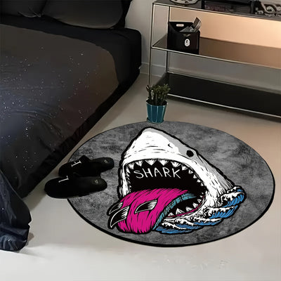 Alfombra redonda creativa de dibujos animados de tiburón - Lavado a mano, tejido de punto, ligera, antideslizante, lavable, alfombra de poliéster con respaldo de goma para sala de estar, dormitorio, sala de juegos - Hecha a máquina, alfombra de decoració