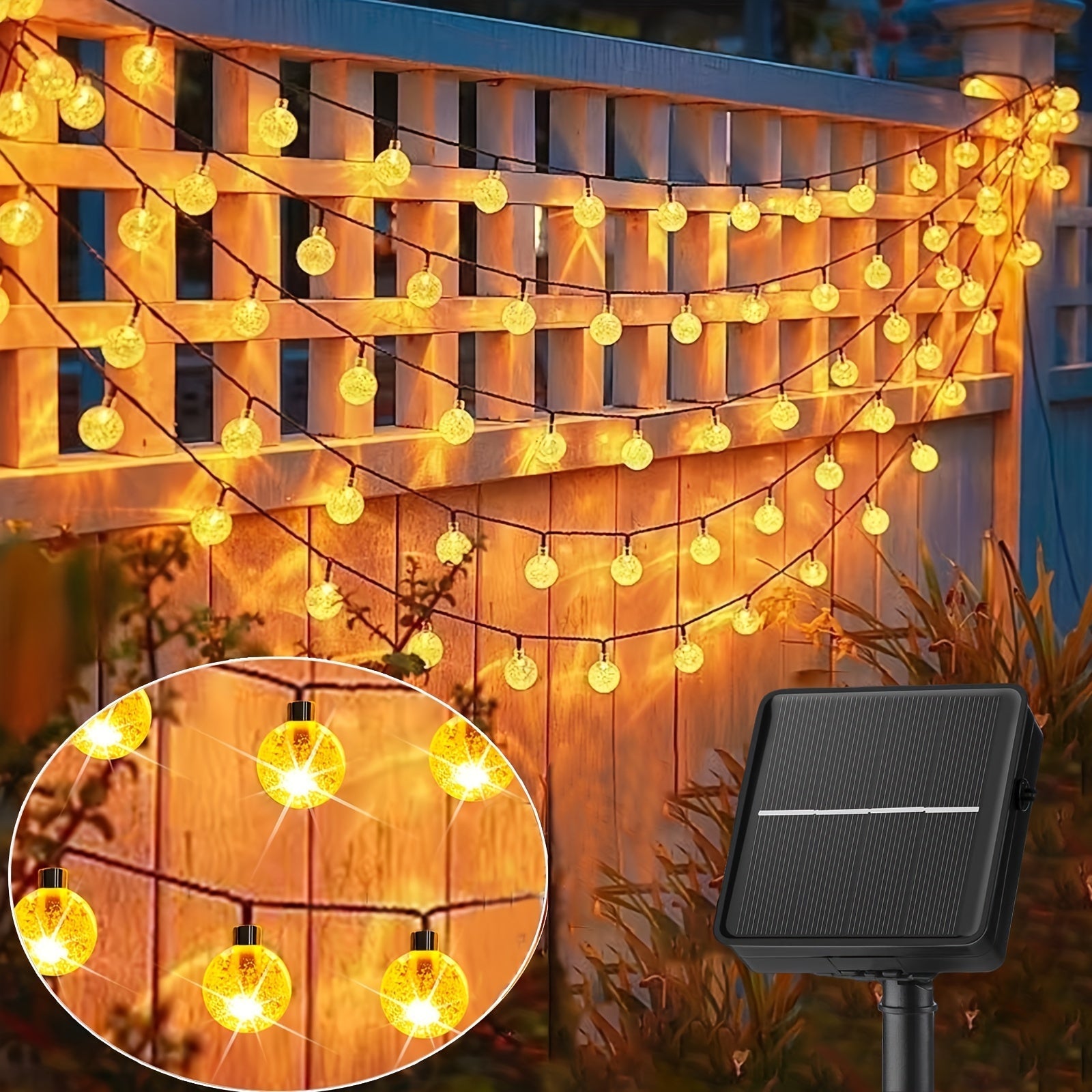 1 juego de luces solares de cristal 100/50/20, luces de hadas con 8 modos, bolas de cristal. Para exteriores: jardín, patio, balcón, bodas, decoración navideña y de verano (luz cálida, luz blanca, luz de colores)