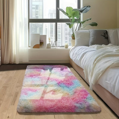 Alfombra mullida de pelo largo para dormitorio, alfombra suave de peluche arcoíris para sala, alfombra interior arcoíris, alfombra ultra suave de peluche, alfombra teñida al anudar para dormitorio y sala, decoración para el hogar
