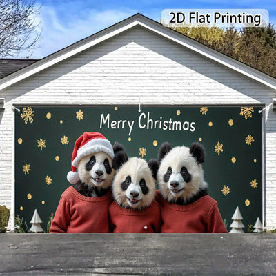 Lámpara de puerta 2D, 1 pieza, festiva, con panda y oso navideño - Poliéster, sombreros de Santa, copos de nieve y estrellas doradas, diseño ideal para decoraciones navideñas, fiestas hawaianas y de Halloween, uso interior/exterior, decoraciones navideña