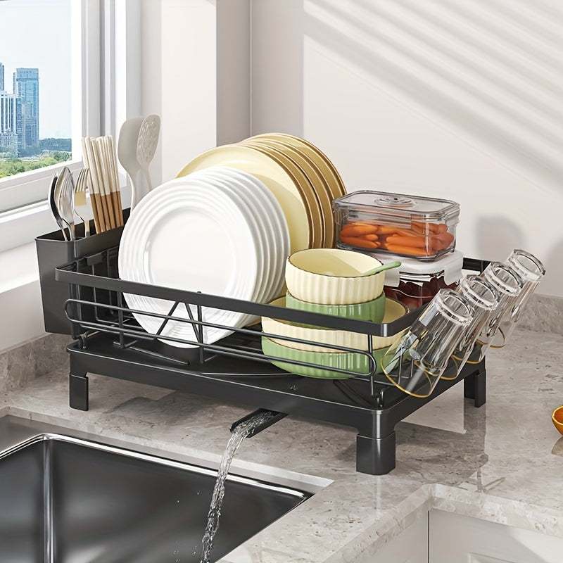 1 pieza de escurridor de platos para cocina: escurridor de platos con escurridero y soporte de utensilios extraíble para fregadero, color negro