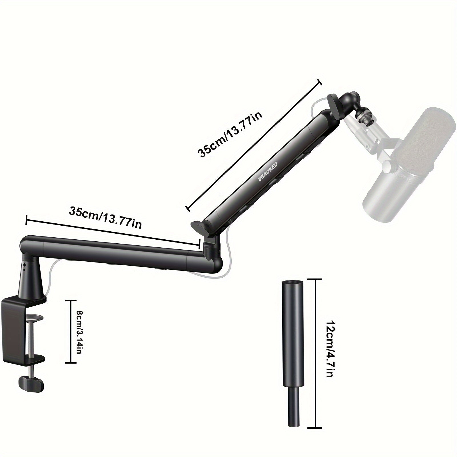 Brazo de micrófono Aokeo, brazo de micrófono con canal de gestión de cables, abrazadera de mesa, poste de altura extendida, soporte de micrófono para podcast resistente y multifuncional (AK-55 grueso)