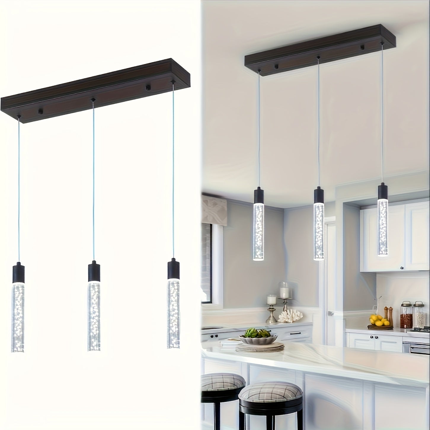 Lámpara colgante LED industrial moderna con tubos de vidrio esmerilado, marco de metal negro, instalación empotrada para cocina, comedor, pasillo u oficina, luz para cocina