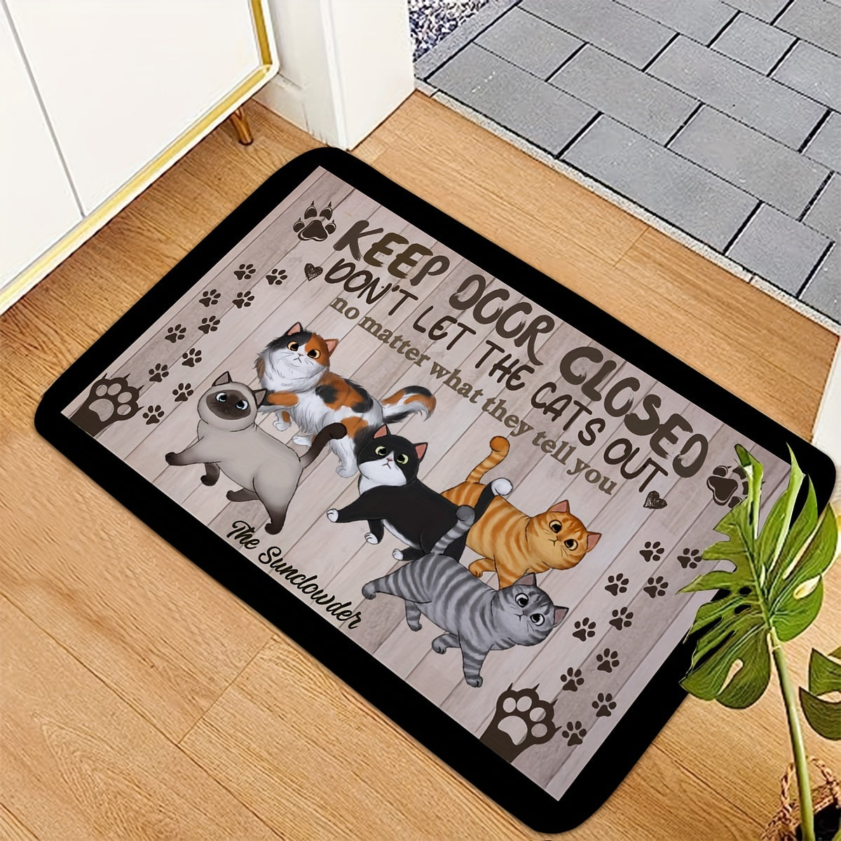 1pz Alfombra Antideslizante con Borde Ancho de Gatos de Dibujos Animados y Huellas, Mensaje Divertido "Mantén la Puerta Cerrada", Tapete de Bienvenida 100% Poliéster para Entradas, Porche, Decoración del Hogar, Alfombra Interior/Exterior Lavable en Máqui