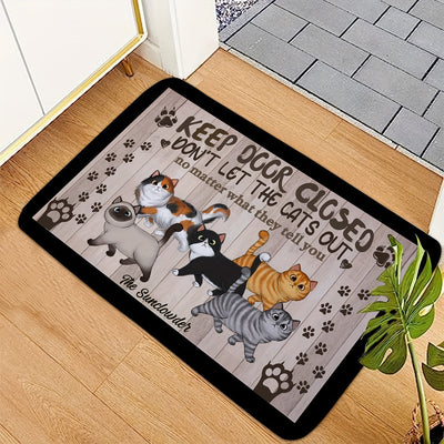 1pz Alfombra Antideslizante con Borde Ancho de Gatos de Dibujos Animados y Huellas, Mensaje Divertido "Mantén la Puerta Cerrada", Tapete de Bienvenida 100% Poliéster para Entradas, Porche, Decoración del Hogar, Alfombra Interior/Exterior Lavable en Máqui