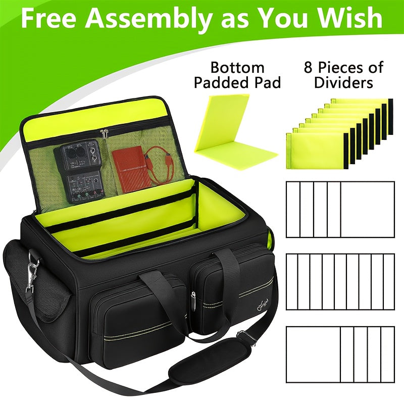 Bolso de DJ de gran capacidad con 6 bolsillos - Correa de hombro acolchada, poliéster duradero, organizador de cables de color neón verde y negro para cables de extensión, micrófonos, pedales, mezcladores de audio - Perfecto para músicos y actuaciones de