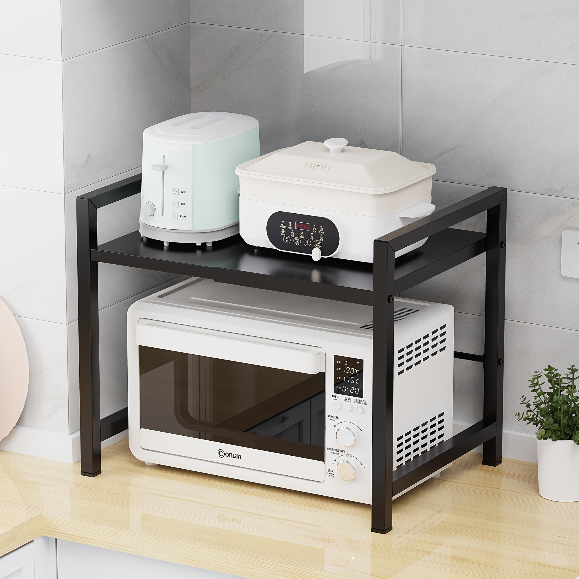 Estante expandible para microondas con 6 ganchos, repisa retráctil negra de metal con ganchos, soporte ajustable para panera y ollas, organizador de cocina para tostadora