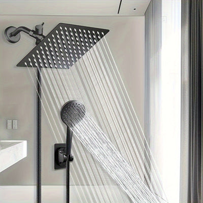 1 juego de cabeza de ducha de acero inoxidable clásico cuadrado, montaje en pared con pulverizador de lluvia, divisor de 3 vías, anti-salpicadura, manguera flexible, soporte sin taladro, acabado pintado, estilo de montaje en pared para experiencia de bañ