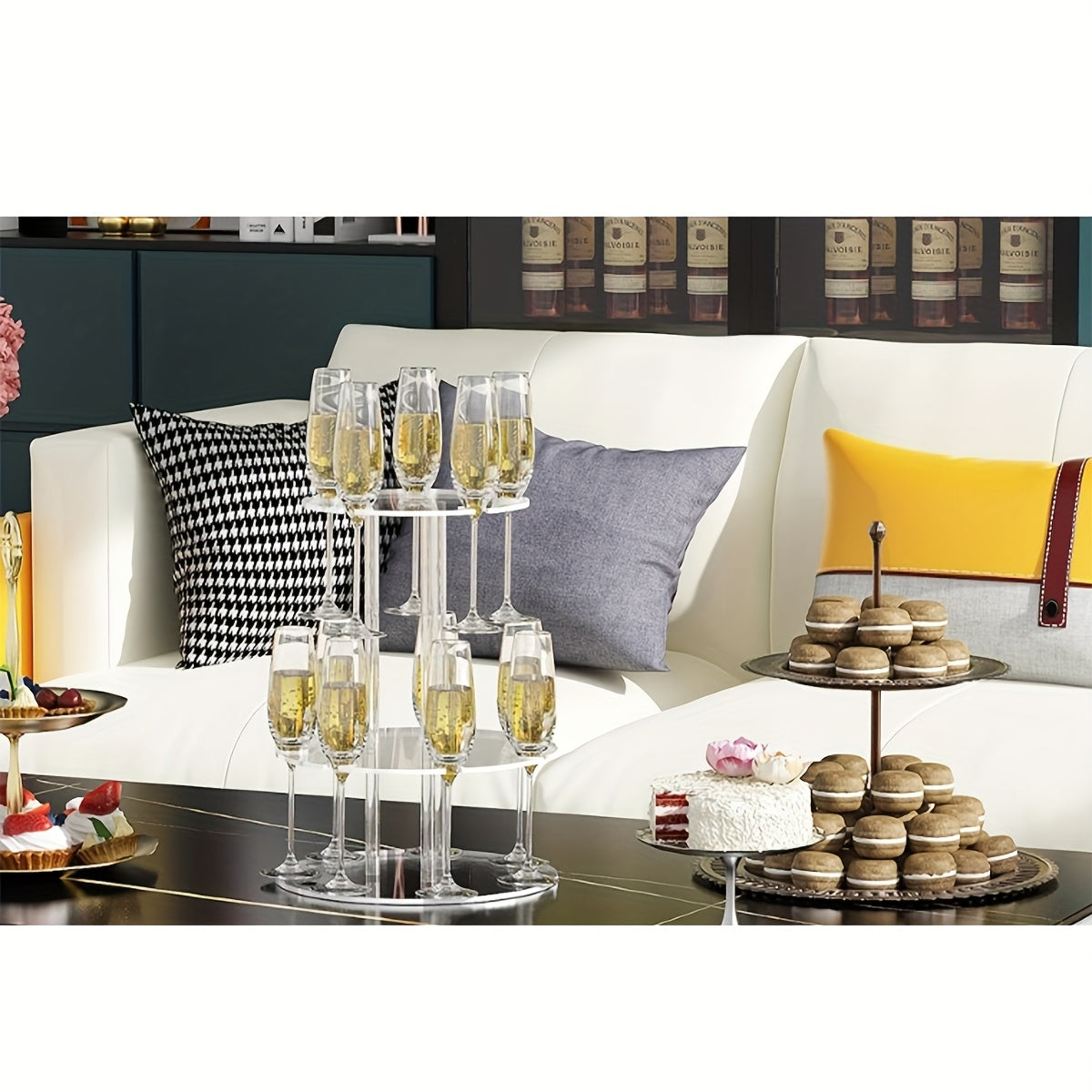 Soporte Elegante de 3 Niveles para Cócteles Transparente con Acrílico y 12 Porta Vasos - Exhibidor de Copas de Champán de Dos y Tres Pisos, Ideal para Fiestas y Eventos