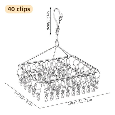 Estante de secado de calcetines de acero inoxidable con 20/30/40 clips, gancho giratorio a prueba de viento para calcetines, sujetadores, ropa interior y accesorios de lavandería, tendederos