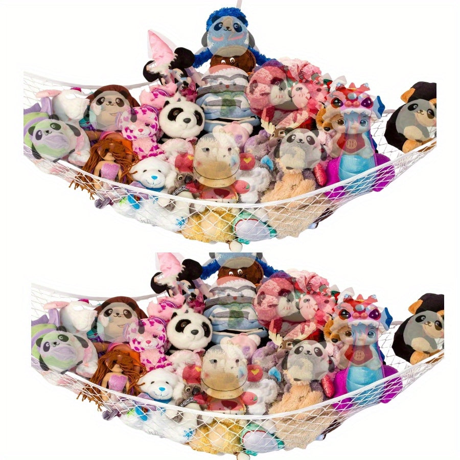 1/2-Pack Gran Almohadilla de Almacenamiento de Animales de Peluche en Forma de Triángulo, Bolsa de Red de Esquina de Tela Colgante, No Impermeable, Soporte de Juguetes de Peluche, Decoración de Habitación y Dormitorio Multifuncional (Blanco)