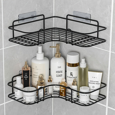 1 pieza, estante de ducha de esquina de acero inoxidable negro resistente a la herrumbre, soporte de almacenamiento de baño montado en la pared para champú, acondicionador, jabón corporal y cosméticos - No se necesita taladrar, acabado pulido, organizado