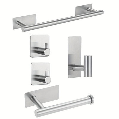 Juego de 5 accesorios para baño de acero inoxidable - Incluye barra para toallas, portarrollos de papel higiénico y gancho para albornoz - Fácil instalación sin taladrar - Opción perfecta para decoración del hogar, regalo de Navidad/Halloween