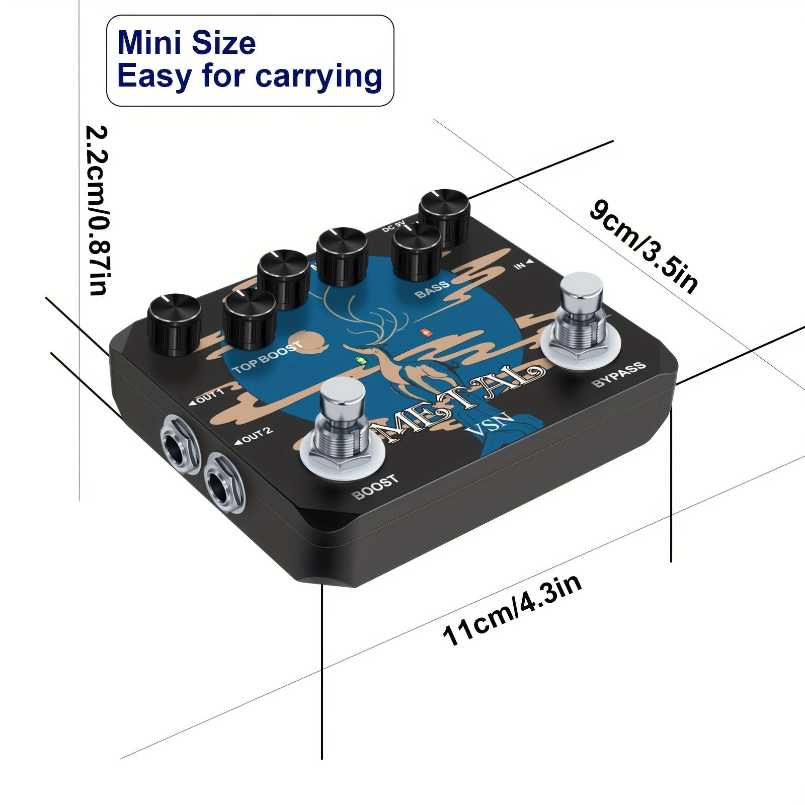 Pedal de Guitarra VSN Heavy Metal con True Bypass, Sonidos Vintage de los 80s/90s, Alimentación USB (Sin Adaptador Incluido), Controles EQ (Agudos/Medios/Bajos/Aumento/Volumen/Distorción), Muff Top Boost Integrado para Guitarras Eléctricas, Rock, Metal,