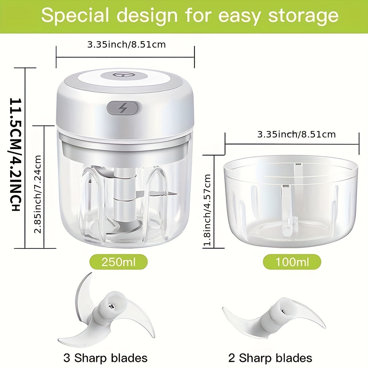 Mini Procesador de Alimentos 250ml, Picadora de Carne, Pequeño Procesador de Alimentos con 3 Cuchillas de Acero Inoxidable, Cortador Eléctrico Adecuado para Carne, Verduras y Frutas