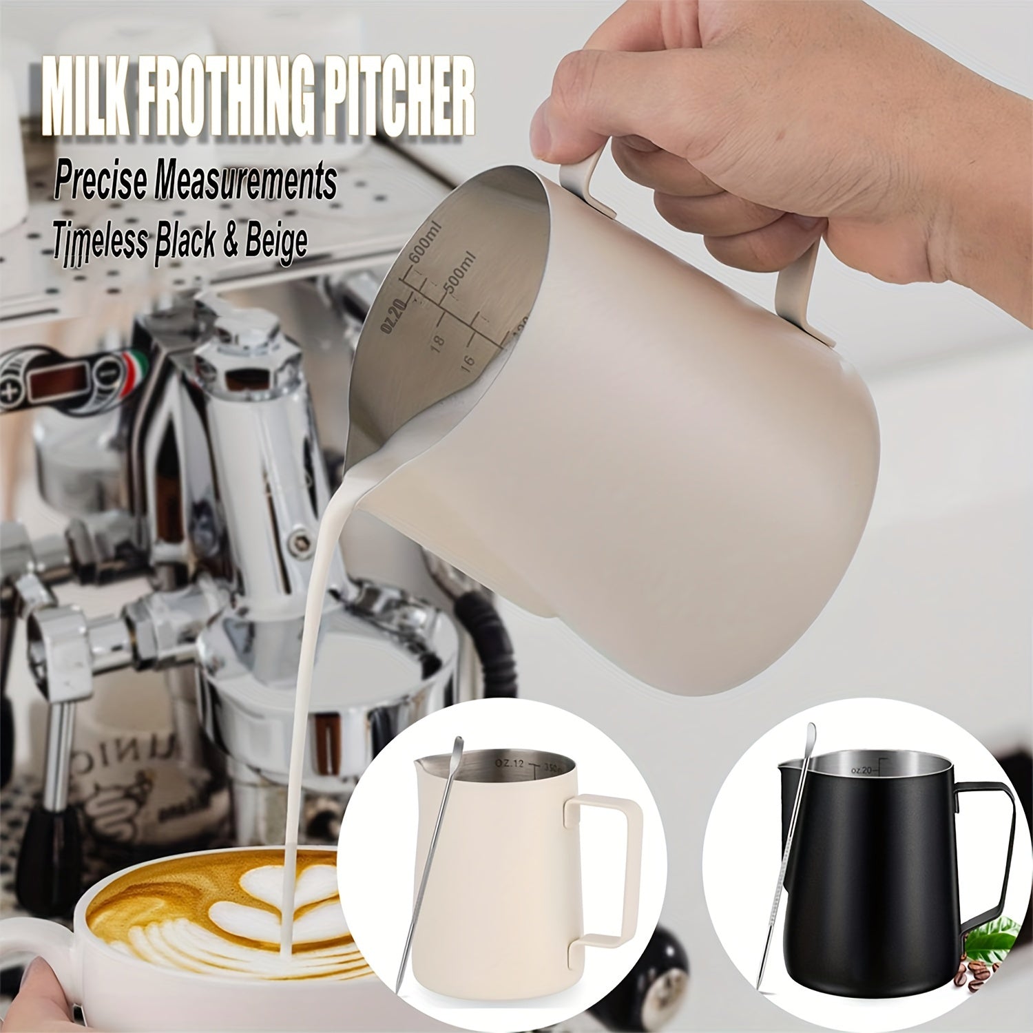 Juego de jarra para espumar leche de acero inoxidable - Jarra para espumar leche de 350 ml/600 ml con medidas precisas para café, capuchino, arte latte - Incluye bolígrafo decorativo