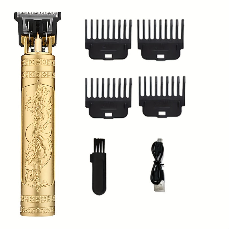 Juego de cortador de pelo profesional y afeitadora de barba, diseño dorado y negro, batería de litio recargable, kit de cortador de pelo eléctrico inalámbrico con carga USB y 4 peines indicadores, adecuado para el cuidado personal de hombres.