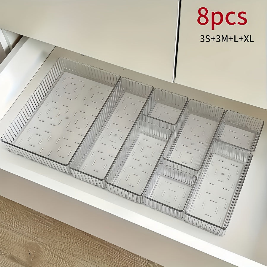 Conjunto de 7 piezas/8 piezas de cajón acrílico con caja de almacenamiento de cosméticos incorporada, organizador de productos para el cuidado de la piel para mesa de tocador con divisores, y el conjunto tiene múltiples combinaciones de tamaños, Organiza