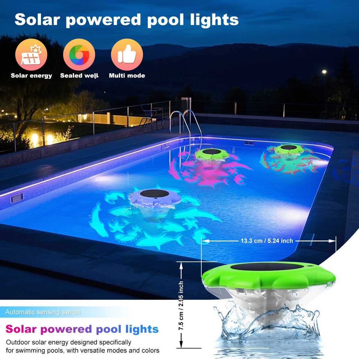 1 pieza de luz de piscina flotante alimentada por energía solar LED que cambia de color, lámpara de fuente para baño, piscina, estanque, fuente, decoración de césped de jardín IP68.
