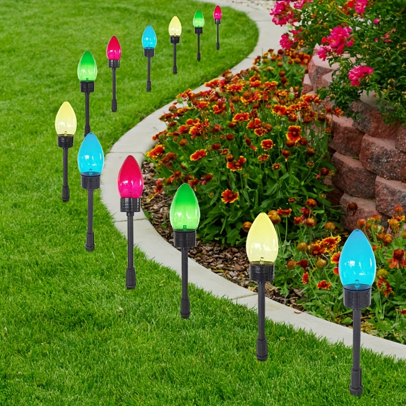 Un Juego de Doce Luces Decorativas Solares C9 para Exteriores, Decoración Navideña de Césped con Enchufe de Tierra, Luces de Colores con 12LED