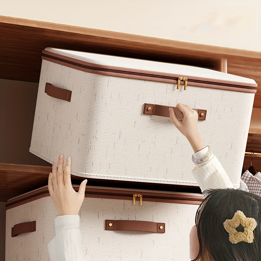 Caja de almacenamiento de tela plegable, Beige, Minimalista, con tapa, Lavar a mano o limpiar en seco profesional, para ropa, dormitorio, uso doméstico
