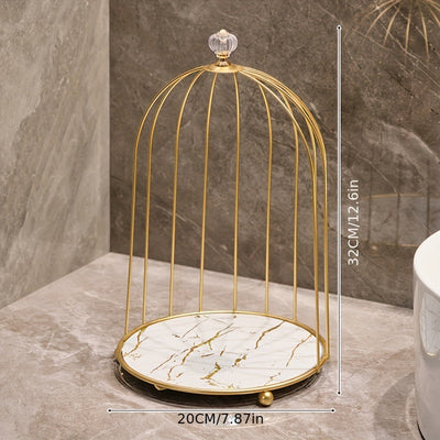 1 organizador de maquillaje de hierro fundido en tono dorado, estante en forma de jaula para baño, elegante soporte para perfumes y productos de cuidado de la piel, repisa para tocador y mostrador
