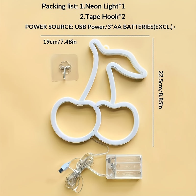 Señal de neón LED en forma de cereza, luz decorativa de neón para colgar en la pared de plástico, con control de interruptor, alimentación USB, para dormitorio, boda, fiesta de cumpleaños, sala de juegos, aniversario, decoración del hogar para el día de