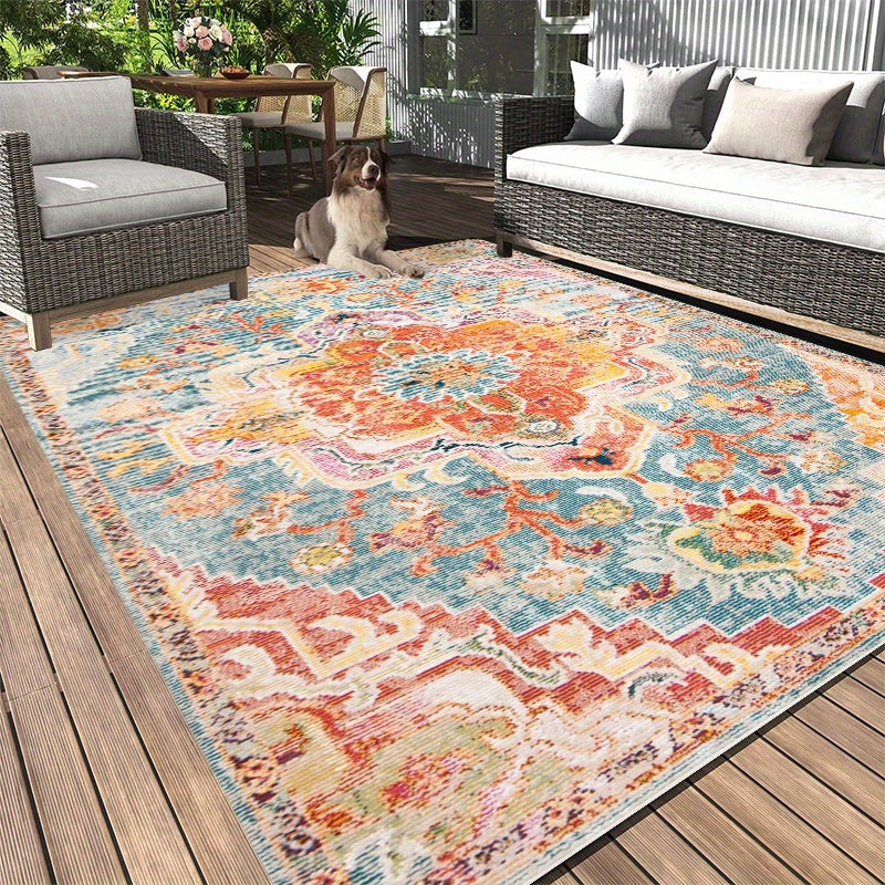 1 pieza de alfombra de área al aire libre bohemio vintage - Suave, lavable a máquina poliéster, alfombra rectangular ligera con patrón floral, antideslizante, duradera para RV, camping, pícnic, balcones, suelos de madera dura - Ideal para decoración de h