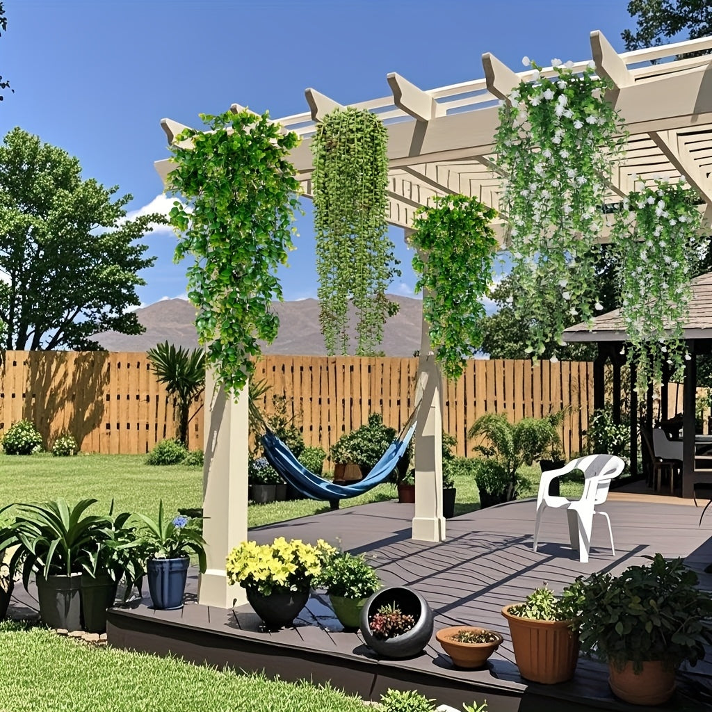 Juego de 5 Piezas de Plantas Artificiales Verdes Realistas Resistentes a los Rayos UV con Enredaderas, Ideales para Macetas Colgantes en Jardines Exteriores, Flores Decorativas, Bodas, Acción de Gracias, Halloween, Navidad y Decoración del Hogar Interior
