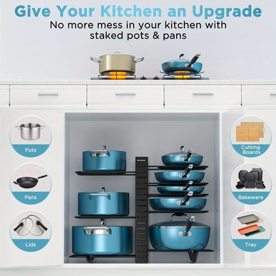 Organizador de ollas y sartenes de metal resistente de 8 niveles, antideslizante y resistente al óxido, diseño de pie para ahorrar espacio, ideal para cocinas en hogares y restaurantes, accesorio moderno y duradero para almacenamiento