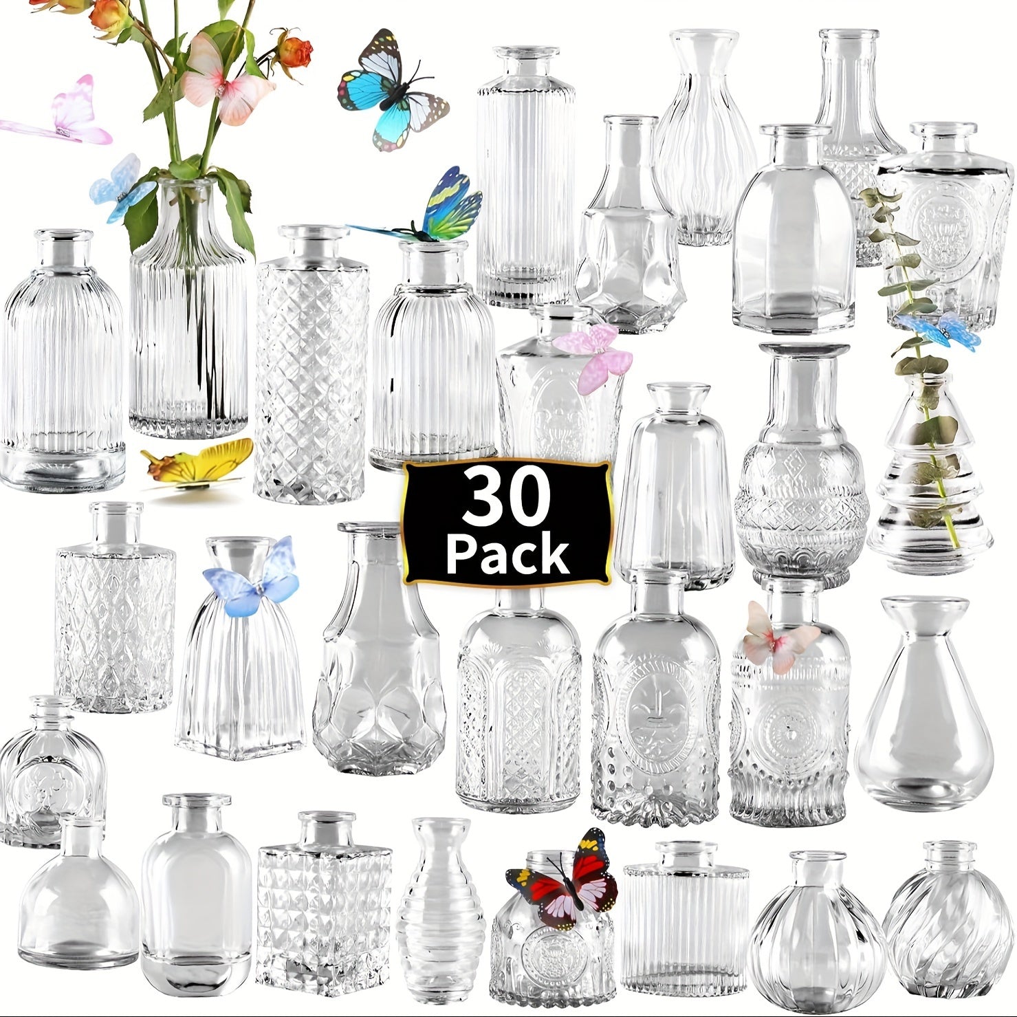Juego de 10/20/25/30 Jarrones de Vidrio Transparente con Relieve para Arreglos Florales, Adecuado para Decorar Bodas, Escritorios de Oficina, Salas de Estar, Cocinas, Mesas de Comedor, Fiestas, Decoraciones para Cenas a la Luz de las Velas