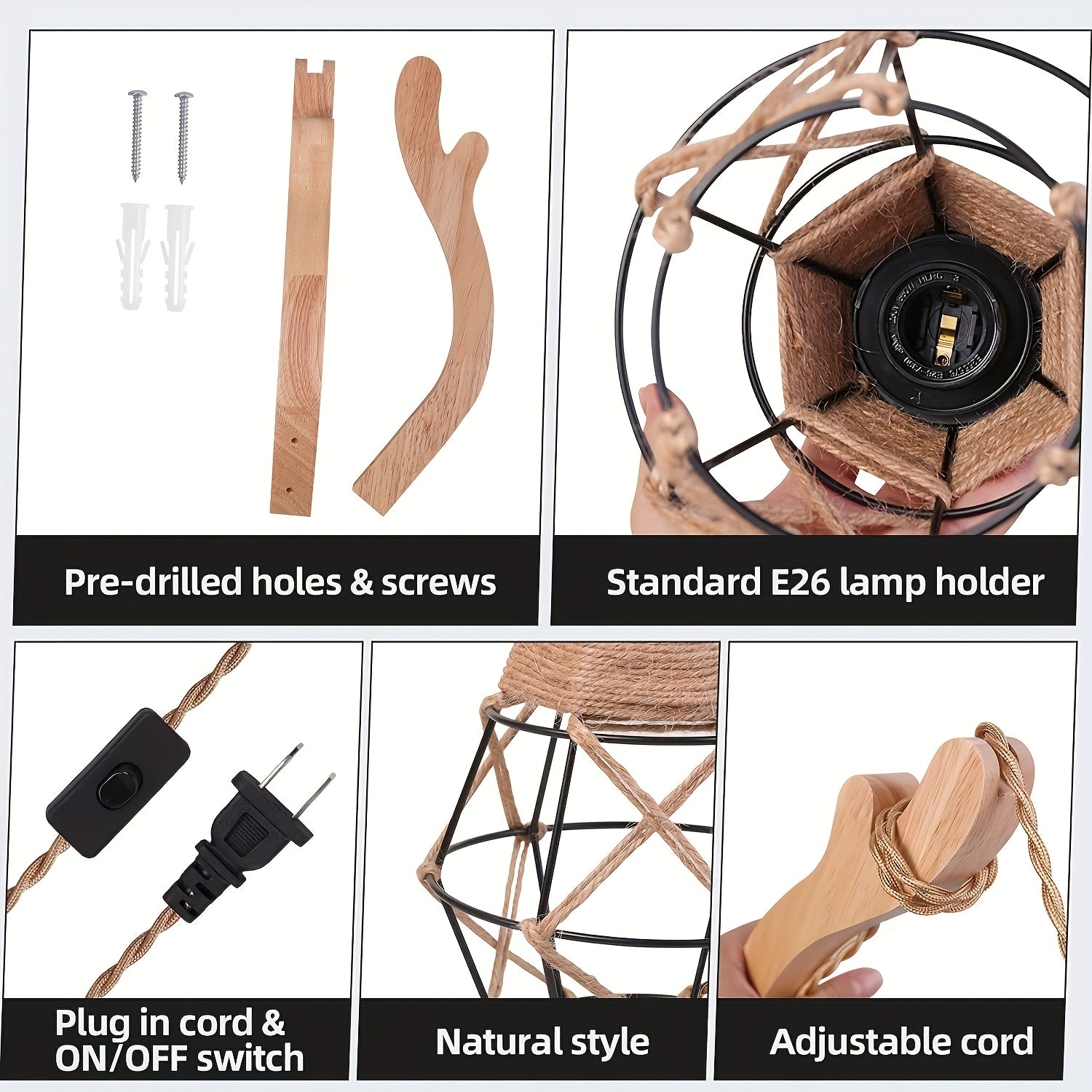 1pc Sconce de madera de granja rústica - Altura ajustable, control de botón de pulsar, 110-130V enchufe US, montaje de pared desmontable con hardware de instalación, sin bombilla incluida