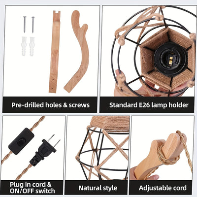 1pc Sconce de madera de granja rústica - Altura ajustable, control de botón de pulsar, 110-130V enchufe US, montaje de pared desmontable con hardware de instalación, sin bombilla incluida