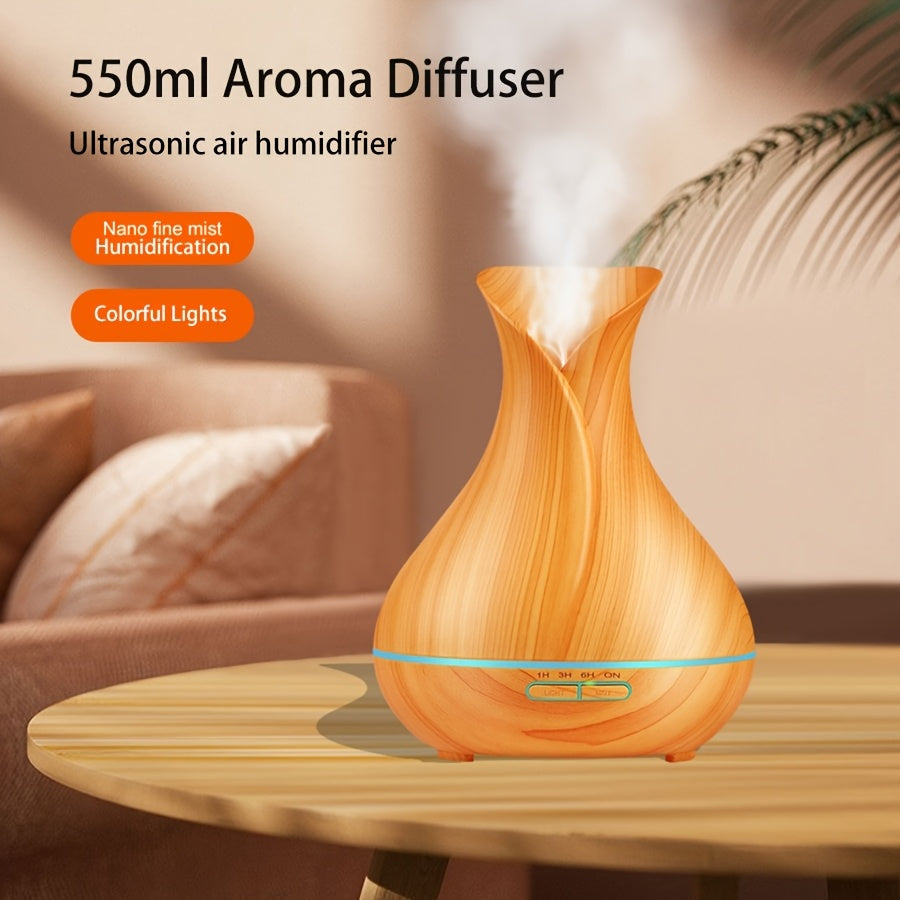 1 ud. Difusor de Aromas y Humidificador 5-en-1 de 550 ml, Tecnología de Onda Sonora para Difusor de Aceites Esenciales, Humidificador de Nube Fría por USB, Luces LED Cambiantes en 7 Colores con Temporizador de Niebla Ajustable y Funcionamiento Silencioso