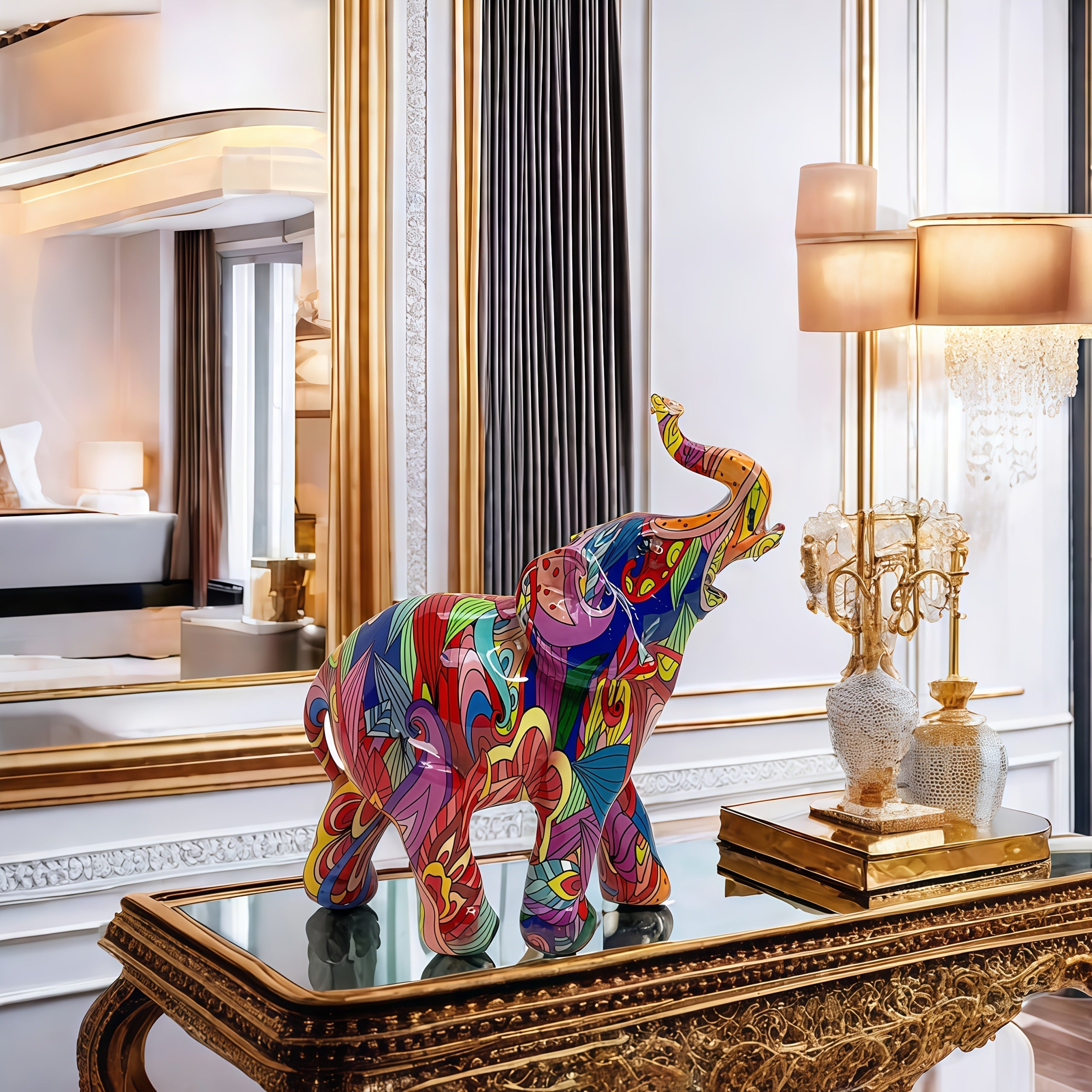 Una estatua de resina de un elefante que simboliza la buena suerte, adecuada para decorar salones, dormitorios, entradas, armarios de TV, armarios de vino y oficinas.