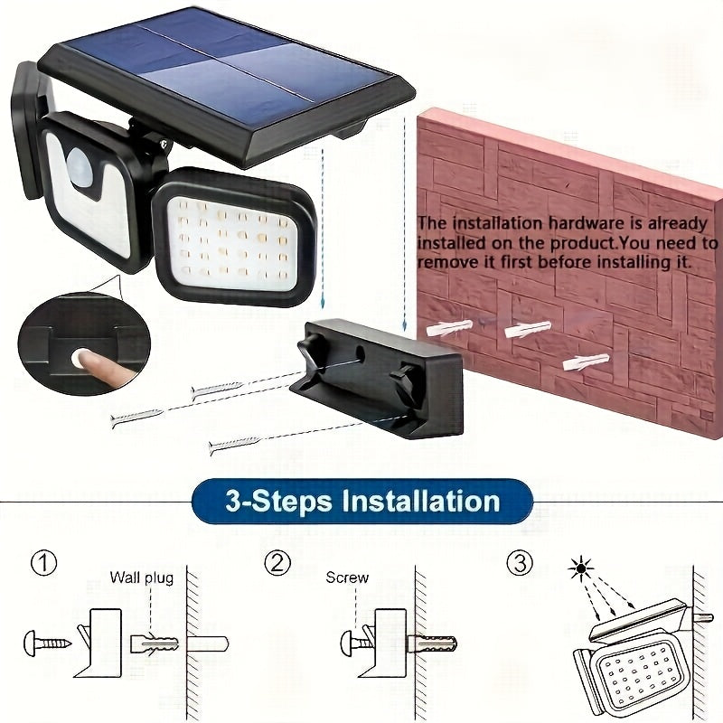Luz solar de pared con 3 cabezas y 74 LED, ajustable, con sensor de movimiento, IPX4, para exteriores, hogar, jardín, patio, energía solar con batería, luces solares para exteriores, iluminación de patio, iluminación moderna, iluminación duradera.