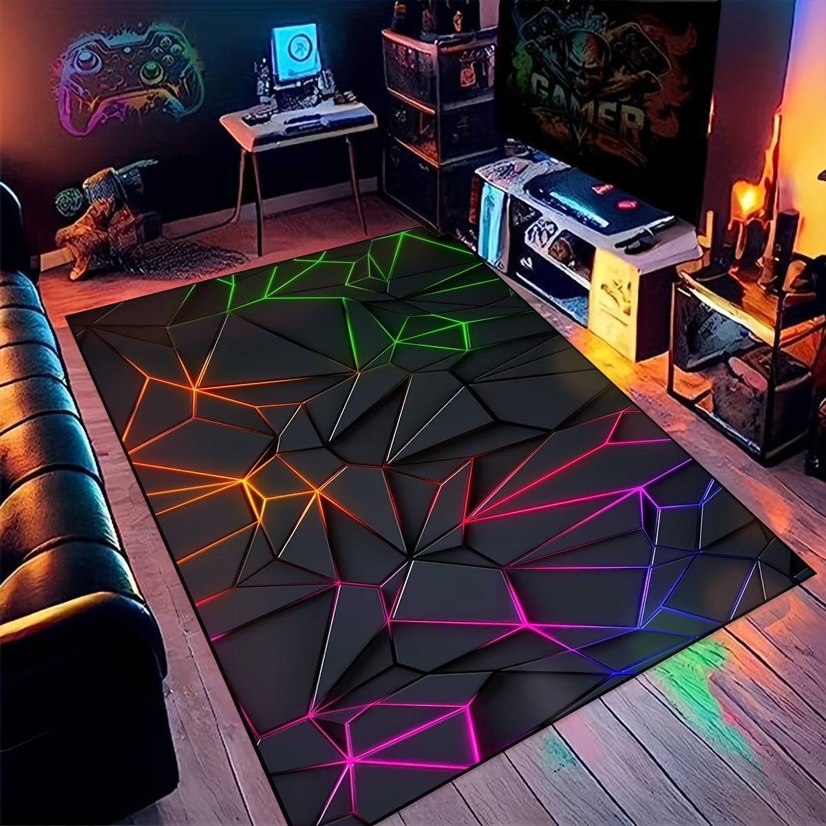 Alfombra gruesa de terciopelo con diseño ciberpunk y patrones geométricos en verde, azul, naranja y morado, 6 mm de grosor, ideal para decoración de salas de juegos y hogar, solo lavado a mano