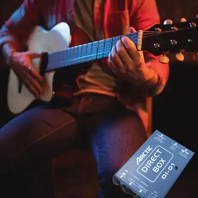 Unidad DI pasiva profesional DI-01, construcción de acero, conexión de guitarra y bajo, salida de audio de alta calidad para producción musical, equipo de grabación de estudio.