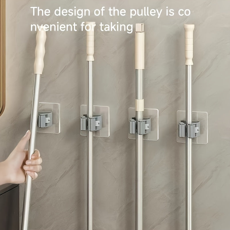 4 piezas Ganchos de plástico para utensilios, Soporte para trapeadores y escobas montado en la pared, Fuerte adhesión sin taladro para baño y cocina