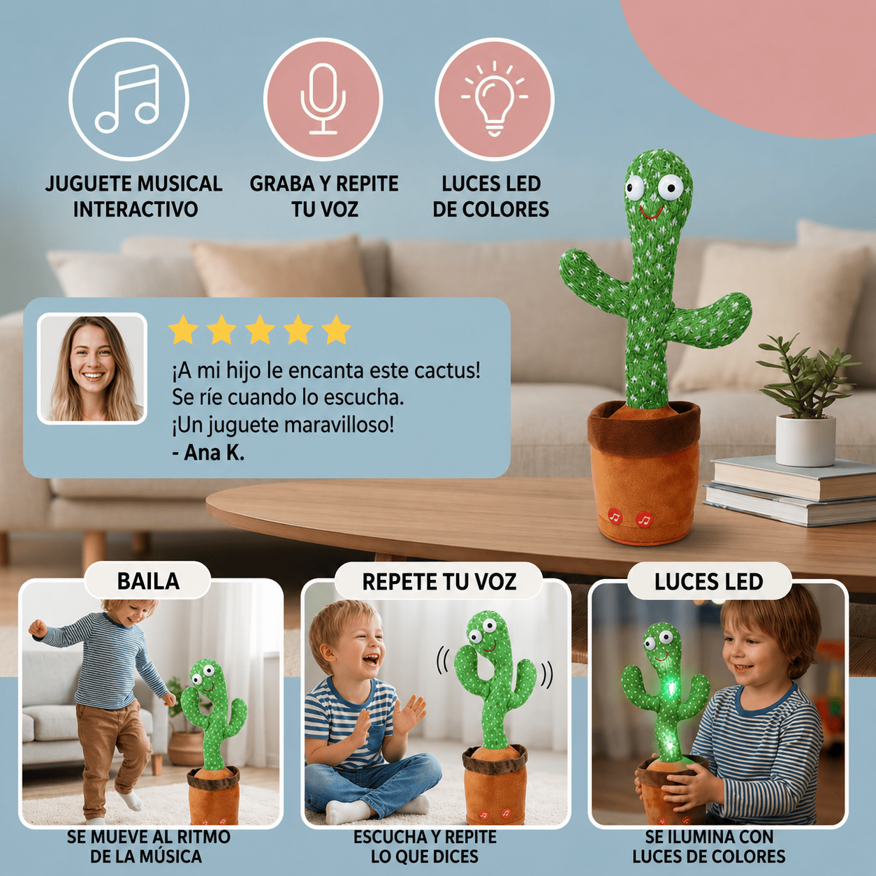 Peluche Bailarin Cactus Luminoso Juguete Color Verde 60 Canciones