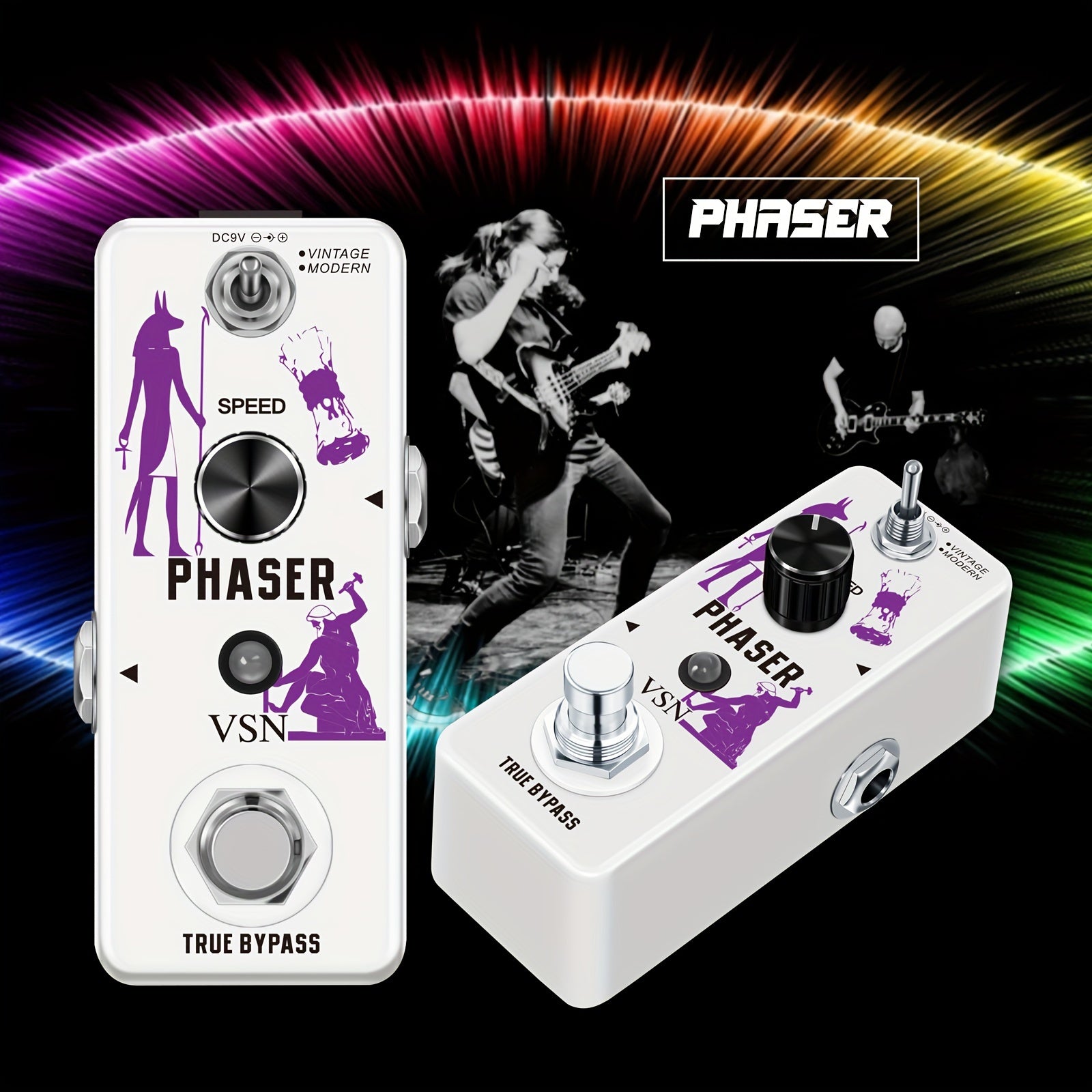 Pedal de efectos de guitarra Phaser VSN - Faseador vintage con 2 modos (True Bypass y aumento de volumen), control de palanca analógica, tipo mini para guitarra eléctrica, blanco, pedal de guitarra, electrónica de cableado