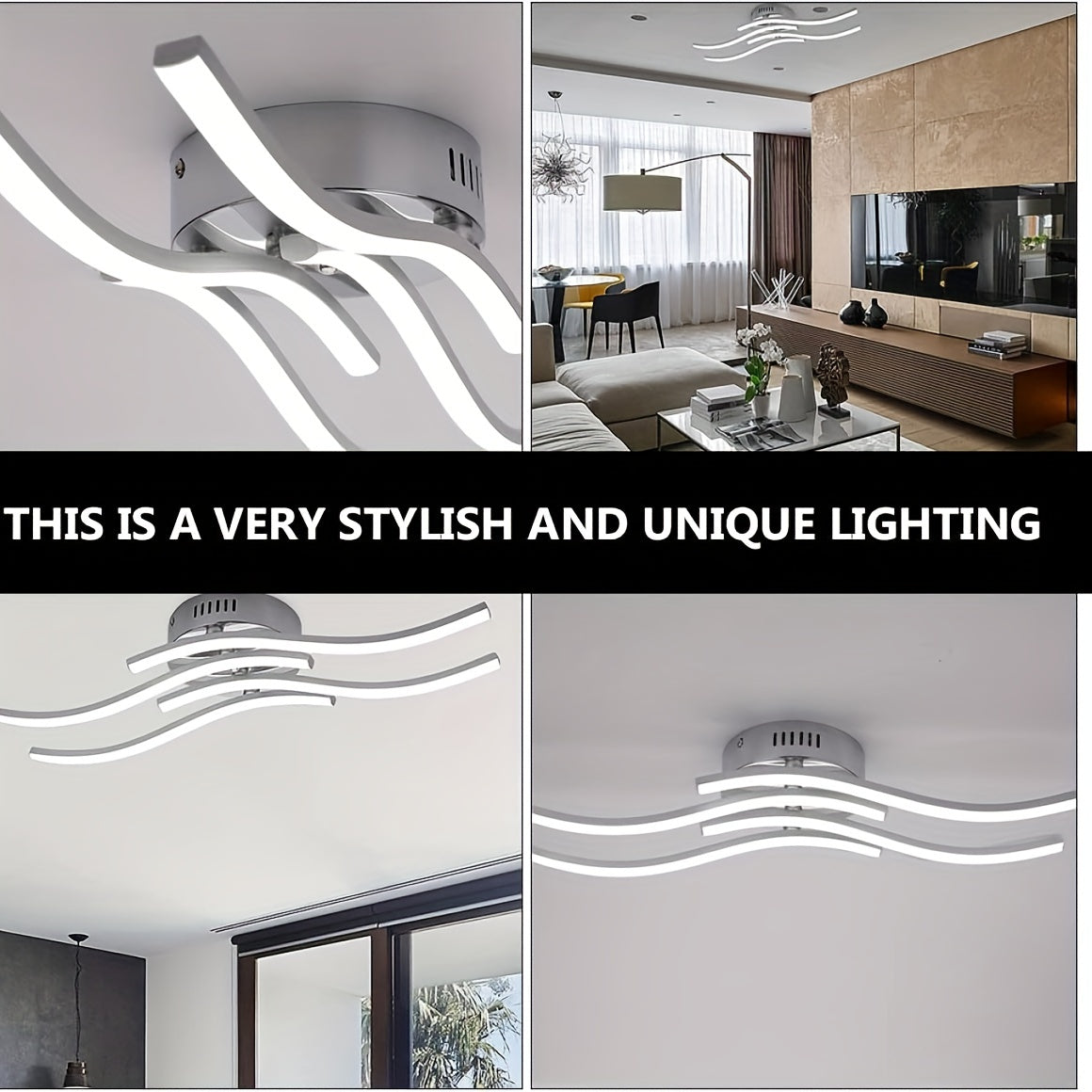 Luz de Techo LED, Diseño Moderno de Luz de Techo Curvada, 4 Tiras LED Incorporadas, El Color CCT-3 Se Puede Cambiar Mediante Interruptor de Pared 3000K/4000K/6000K, Adecuado para Sala de Estar, Dormitorio, Cocina, Pasillo y Oficina
